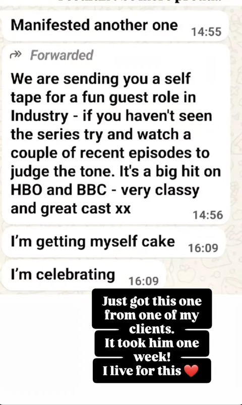Client message: manifested a guest role in HBO/BBC show Industry